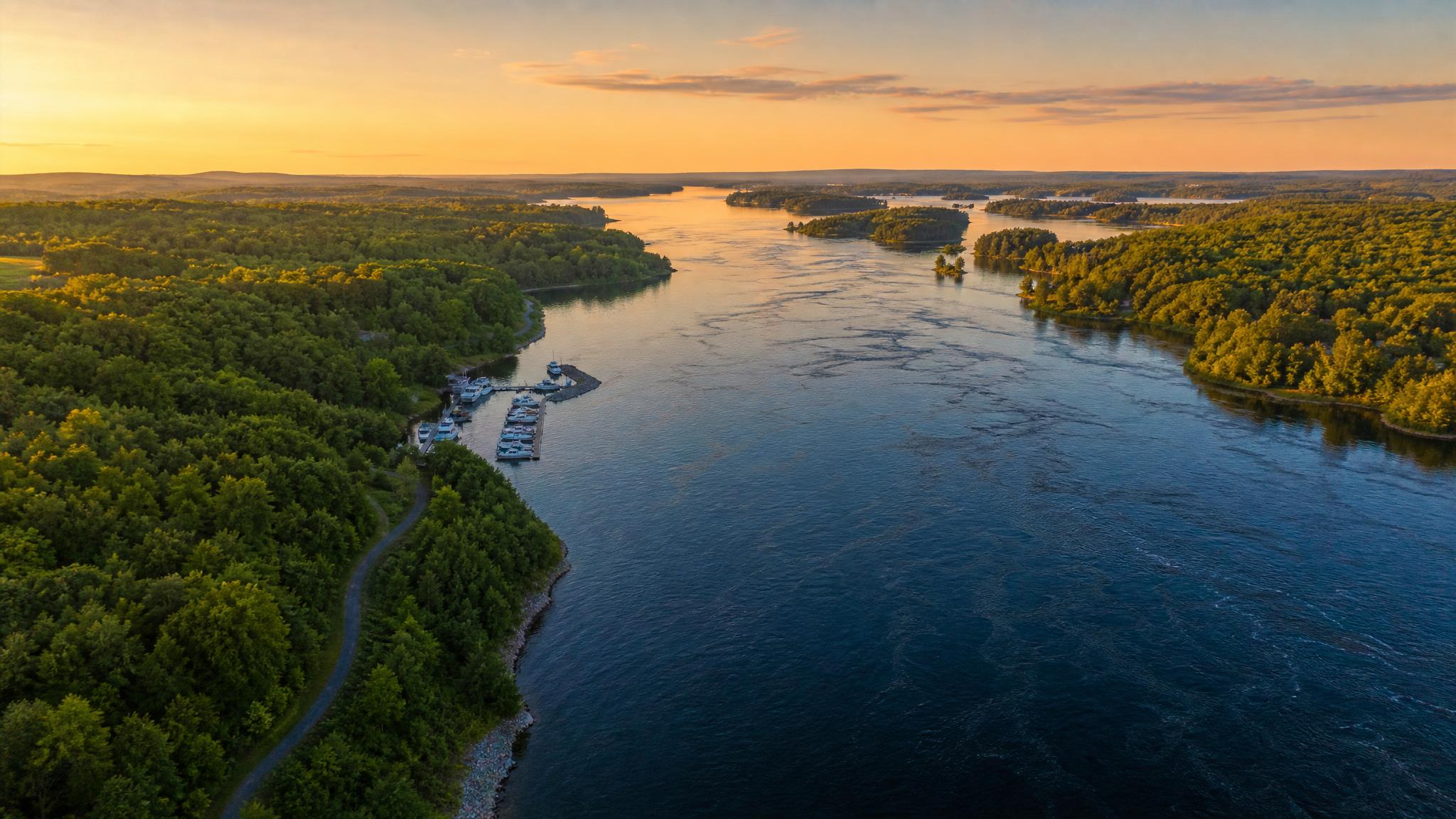 Aerial view of the St. Lawrence Seaway at golden hour