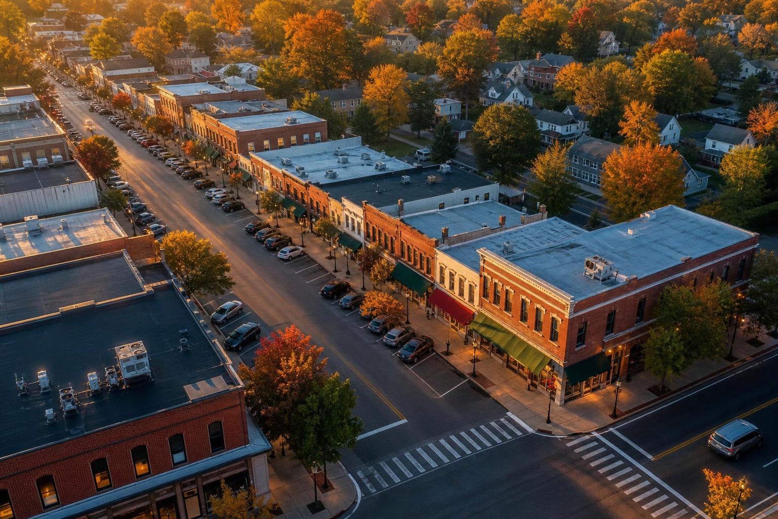 Aerial view of a small-town main street business district