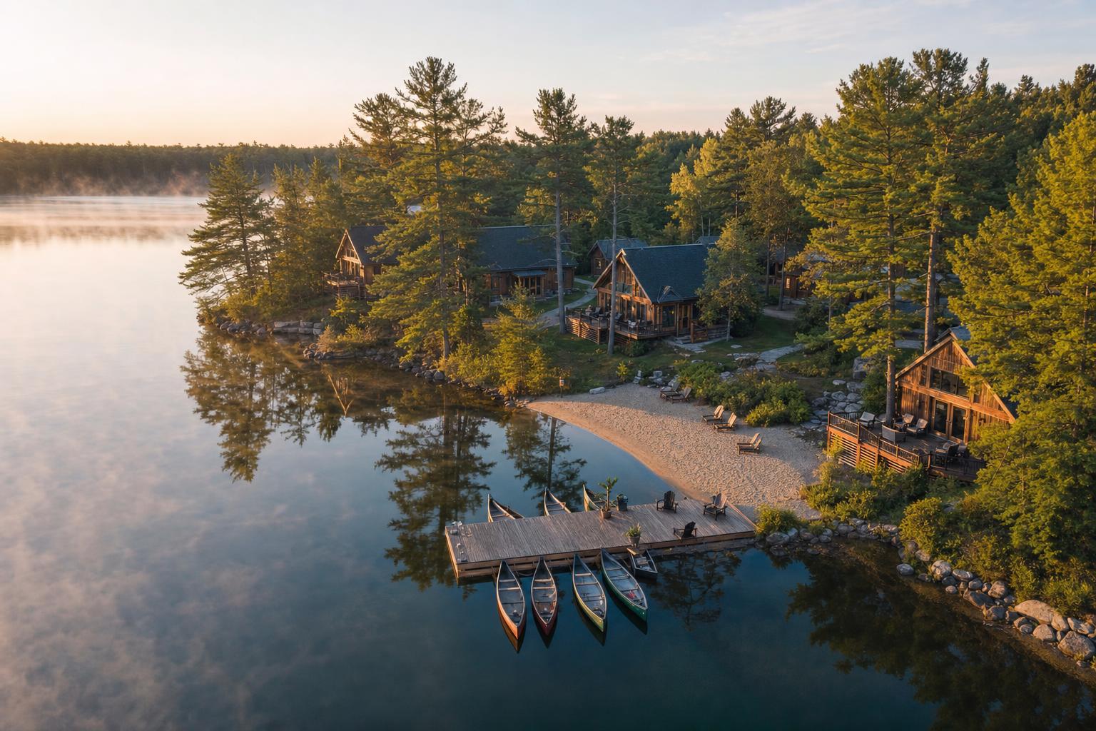 Aerial view of a waterfront cottage resort