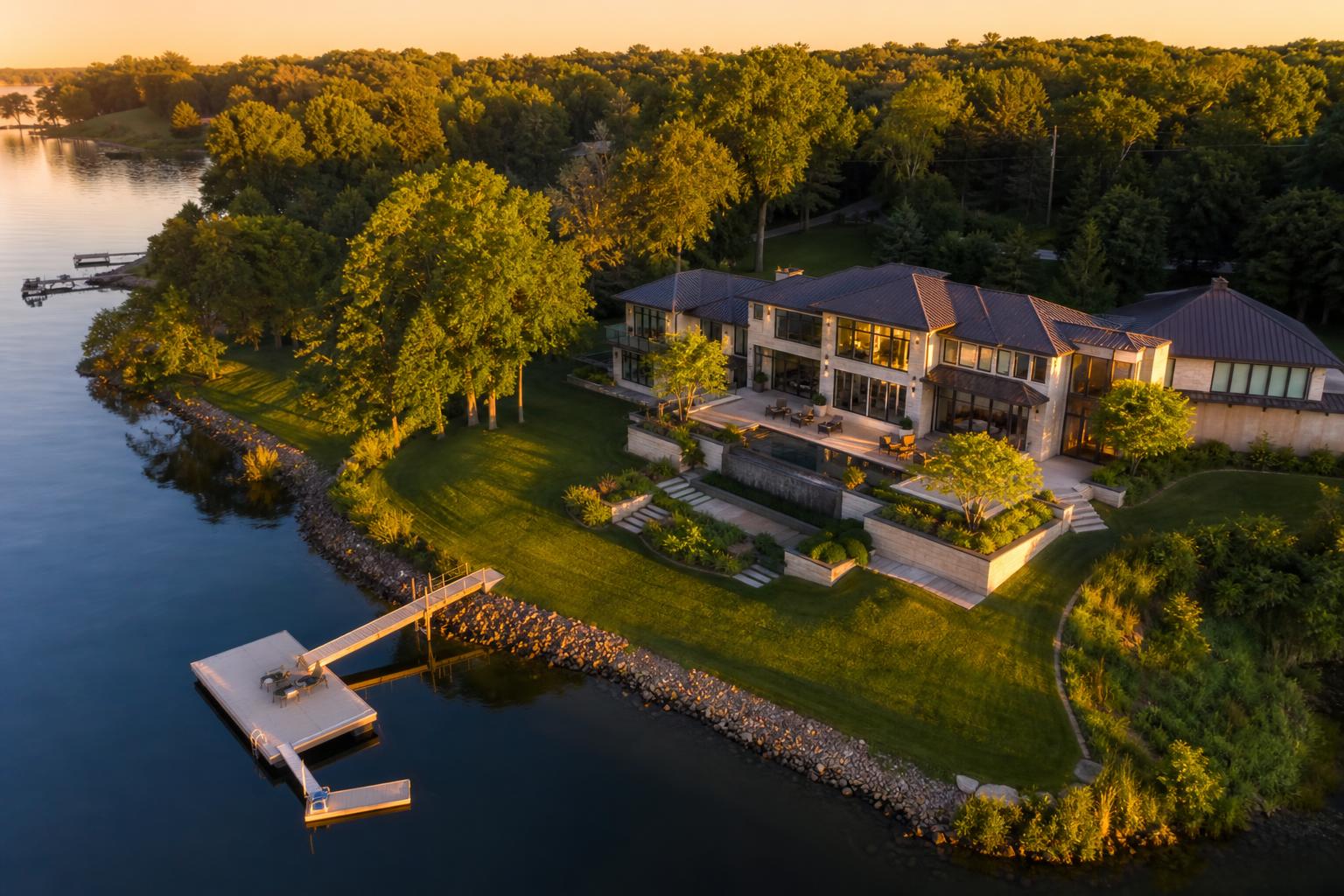 Aerial view of a waterfront property at golden hour